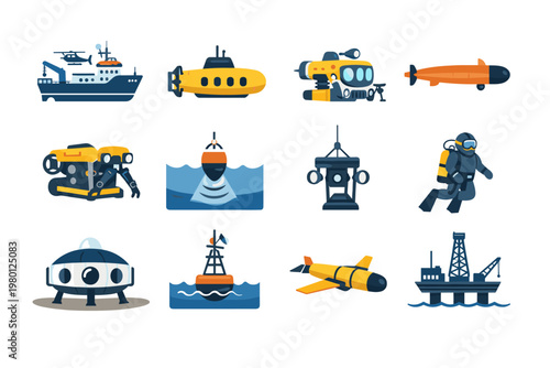 Ocean Exploration Vessels and Underwater Equipment Icon Set Featuring Submarine, Research Ship, ROV, Scuba Diver, Deep Sea Habitat, Offshore Oil Rig, and Sonar Buoy in Flat Vector Illustration