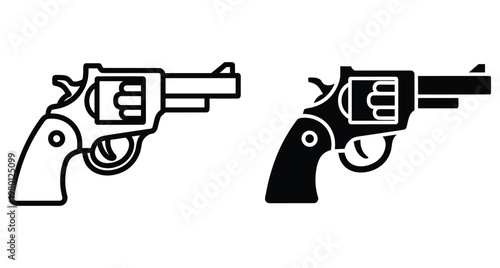 Revolver handgun icon set featuring outline and solid black silhouette styles for weapon security crime defense law enforcement and hunting