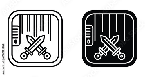 Crossed swords game icon set with vertical bars in rounded square frames for mobile app interface battle and combat symbols