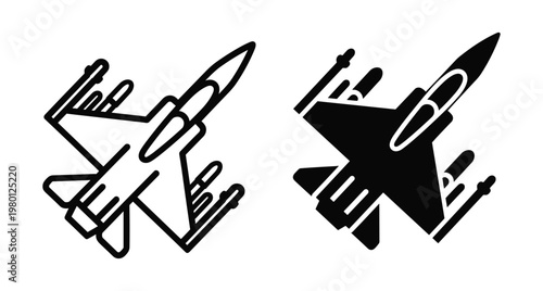Fighter jet icon set featuring outline and solid silhouette designs for military aviation combat aircraft and supersonic flight technology graphics