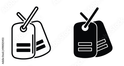 Military dog tags icon set with outline and solid black versions for soldier identification army service and veteran memorial designs