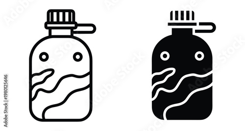 Military canteen water bottle icon set for camping hiking survival and outdoor adventure equipment in outline and solid black style