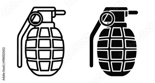 Hand grenade weapon icon set with outline and solid black styles for military defense combat tactical equipment and war symbols