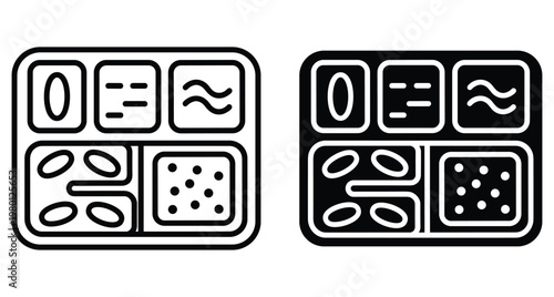 Bento box food tray icon set with outline and solid styles for lunch meal planning cafeteria service and takeaway packaging