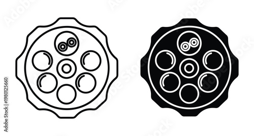 Revolver cylinder icon set showing firearm chamber with bullets for weapon safety defense security military police and shooting range equipment