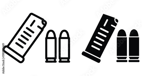 Handgun magazine and bullet icons in outline and solid styles for weapon ammunition firearm defense security military and police equipment