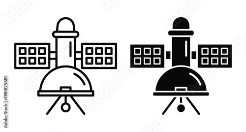 Satellite icon set featuring outline and solid glyph styles for space exploration communication technology orbital station research and cosmic spacecraft