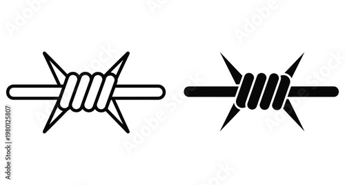 Barbed wire fence icons in outline and solid black styles for security protection border control prison wall and agricultural fencing