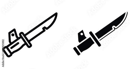 Military bayonet combat knife icon set with outline and solid silhouette styles for tactical equipment weapon design and army gear