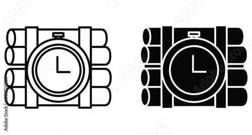 Time bomb icon set with dynamite sticks and clock timer in outline and solid black styles for security or danger concepts