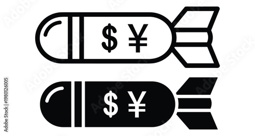 Financial crisis and economic warfare icon set featuring bombs with dollar and yen currency symbols representing market crash and inflation