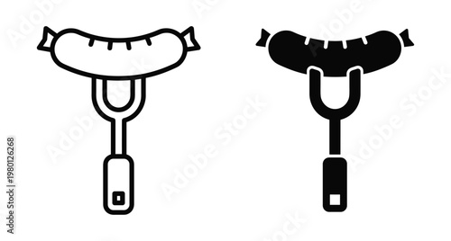 Sausage on fork icon set for barbecue grilling picnic meat food menu design element black outline and solid silhouette graphic