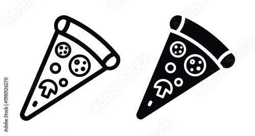 Pizza slice icon set with pepperoni and mushroom toppings in outline and solid black minimalist flat vector graphic style