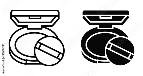 Makeup compact powder case with mirror and puff applicator icon set in outline and solid black style for beauty design