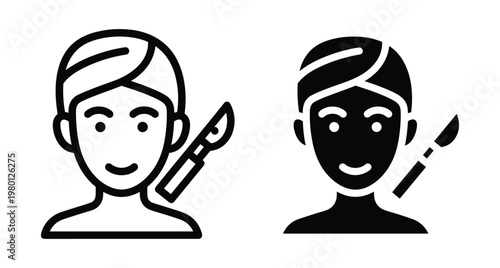 Plastic surgery icon set showing patient face with headband and surgical scalpel for cosmetic enhancement medical procedure dermatology facial reconstruction