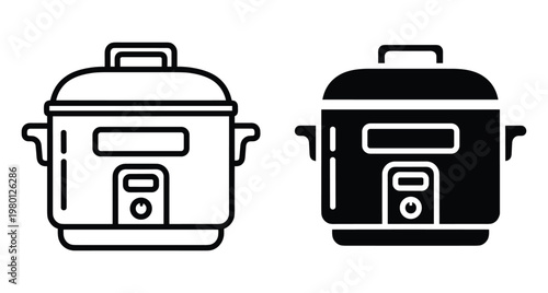 Electric multicooker and rice cooker icons in line and solid styles for kitchen appliance design and cooking interface elements