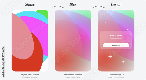 Retro hues mobile app UI design kit with organic vector shapes. Smooth mesh gradients for smartphone screen interface. Glassmorphism aesthetic with blurred colorful background elements.