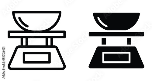 Kitchen scale icon set with bowl for measuring food weight in cooking and baking applications using outline and solid styles