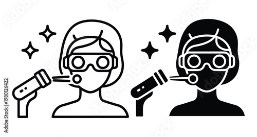 Facial laser treatment icon set showing woman wearing protective goggles receiving skin rejuvenation therapy with handheld medical device equipment