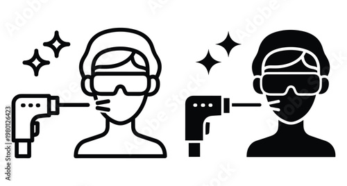 Facial laser treatment icon set showing person wearing protective goggles and cap receiving professional skin care procedure with handheld device
