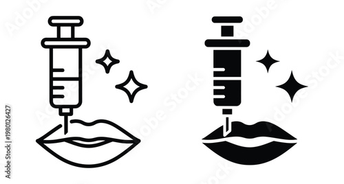 Lip filler injection icon set showing syringe and mouth for cosmetic surgery aesthetic treatment beauty procedure dermal fillers and skincare
