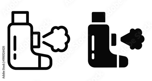 Asthma inhaler icon set showing medical spray device for respiratory treatment and lung health care in outline and solid styles