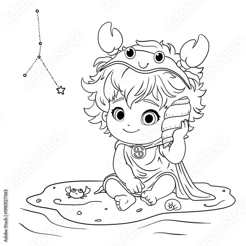 Cute Cancer zodiac baby with crab hat and seashell line art illustration with constellation