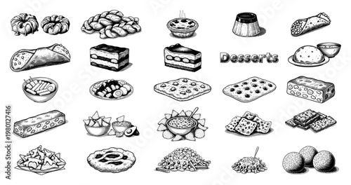 Dessert and snack collection with various pastries and appetizers in vintage engraving style