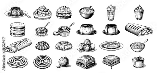 Sweet dessert set featuring cakes puddings and pastries in classic detailed engraving style