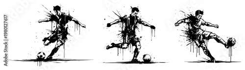 Football players kicking ball with dynamic ink splashes and paint splatter style