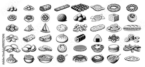 Bakery products and traditional dumplings collection in vintage engraving sketch style