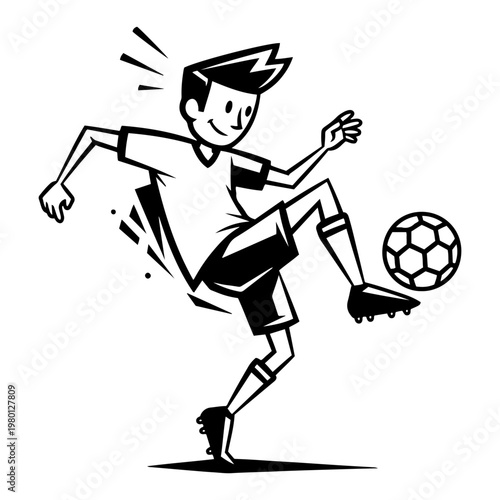Cartoon soccer player performing high kick in bold line comic style