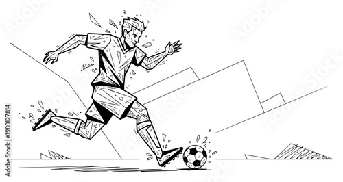 Soccer player dribbling ball during match in dynamic line art sketch style