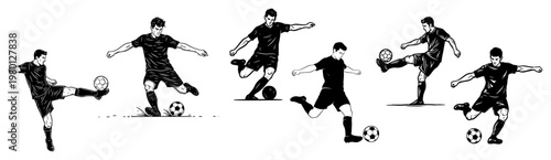 Soccer players performing various kicks and movements in vintage engraving style