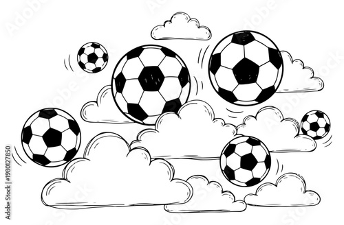 Soccer balls floating and bouncing among clouds in playful hand drawn doodle style