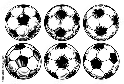 Soccer ball collection with various perspectives and lighting in vintage engraving style