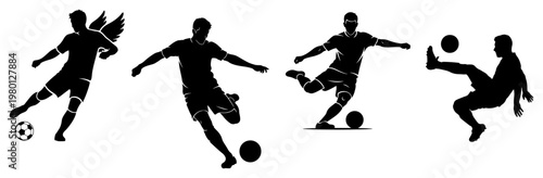 Soccer player action silhouettes showing dynamic football moves in solid black graphic style