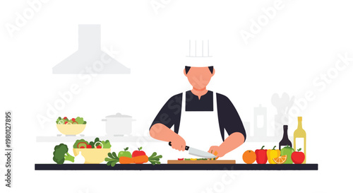 Flat vector design illustrating a chef creating a wholesome dish in the kitchen, reflecting current culinary trends, with a clean minimalist look and white background.