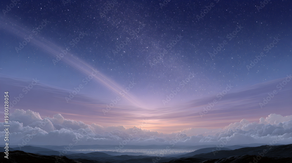 Fototapeta premium Beautiful Twilight Sky With Stars Over Hilly Landscape