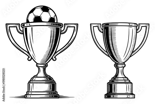 Soccer trophy cup and championship winner award in vintage engraving style