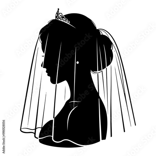 Bride profile silhouette wearing wedding veil and tiara in minimalist black and white style