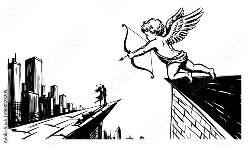 Cupid sitting on building edge aiming at romantic couple against city background in detailed sketch style