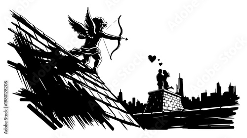 Cupid aiming bow on urban rooftop with silhouette couple in dramatic black and white engraving style