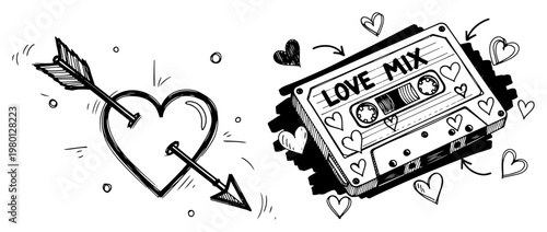 Love mix cassette tape and heart with arrow in retro hand drawn doodle style