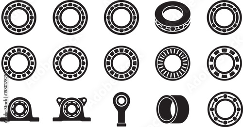 Vector Set of Industrial Ball Bearings and Roller Bearing Icons Including Pillow Block Flange and Rod End Components for Engineering Mechanical Parts and Machinery Design