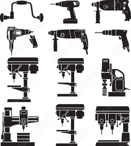 Vector Set of Industrial Drilling Machine Icons Including Power Drills Drill Press Magnetic Drill and Hand Brace Silhouette Illustrations for Engineering Workshop and Construction Equipment Design