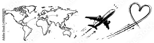 World map with airplane flying and heart trail in sketchy doodle style