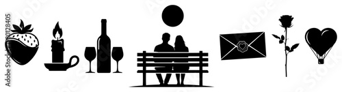 Romantic date and valentines day elements set in silhouette style