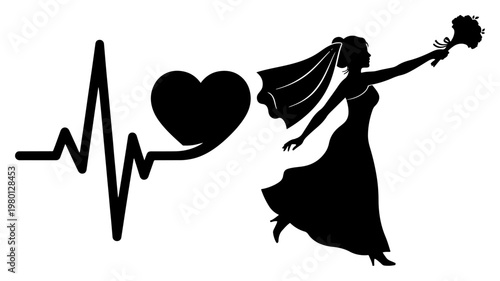 Bride running with bouquet and heartbeat line in flat silhouette style