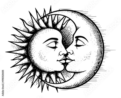 Sun and moon with human faces embracing in vintage celestial engraving style